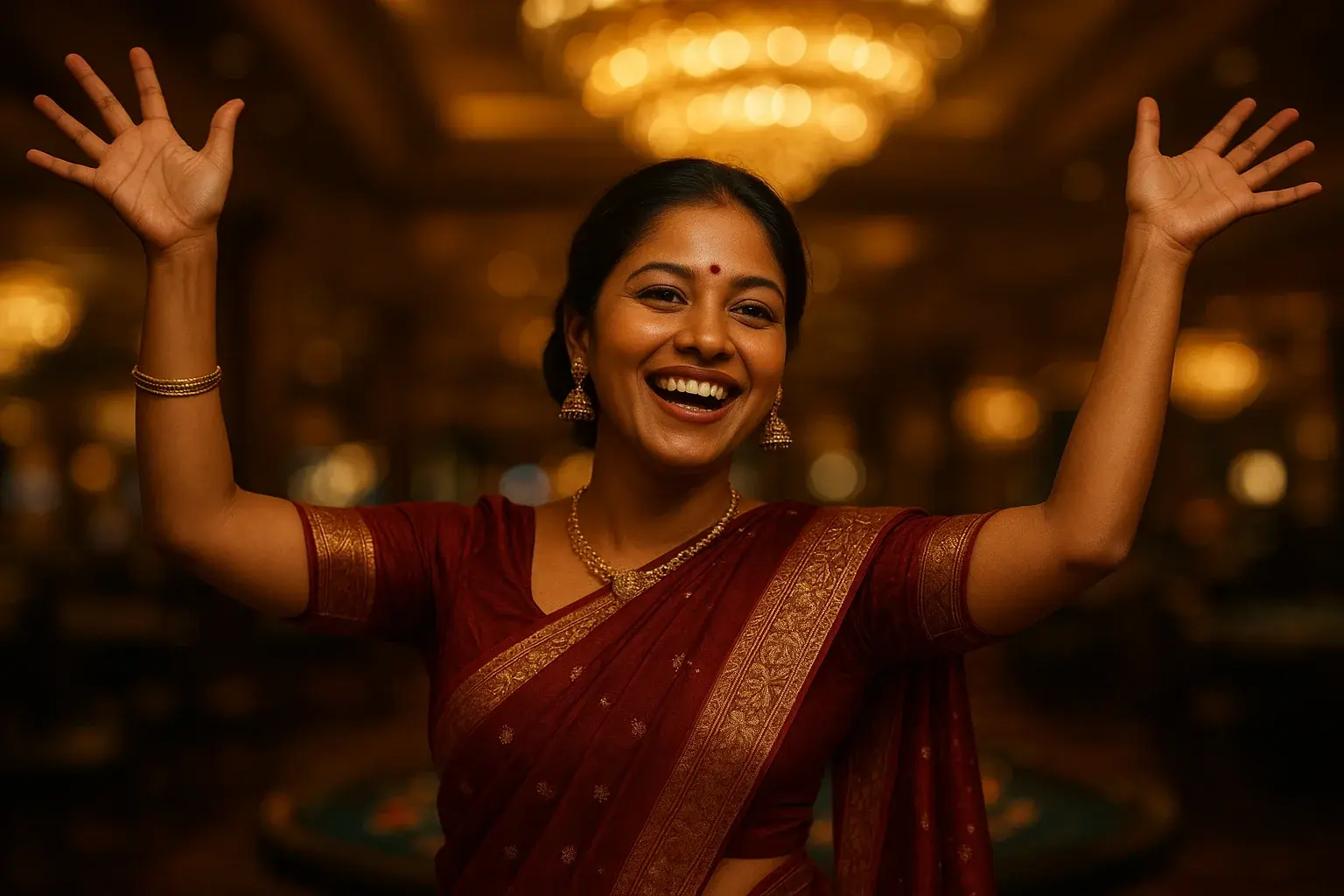 Joyful Bangladeshi woman in traditional attire celebrating in blurred VIP lounge