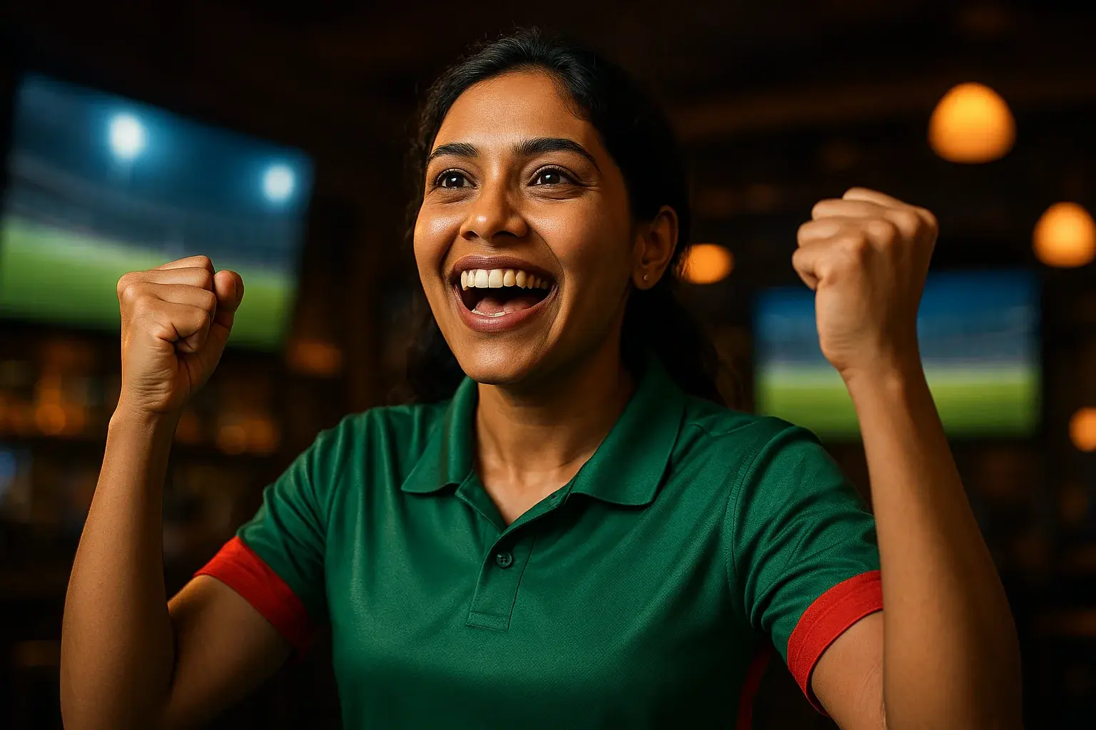 Enthusiastic Bangladeshi woman in cricket jersey celebrating with raised fists