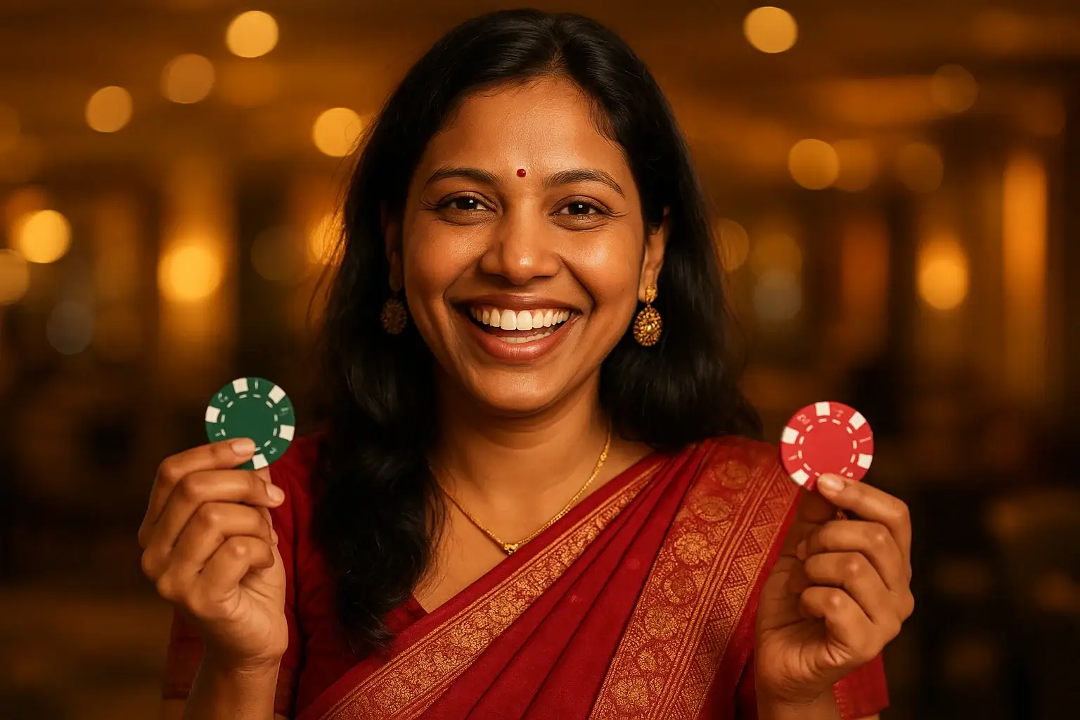 Joyful Bangladeshi woman holding casino chips in VIP lounge