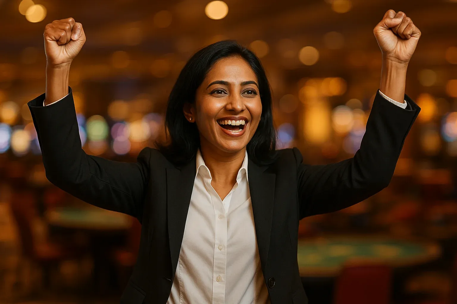 Elegant Bangladeshi businesswoman celebrating with raised arms in casino lounge