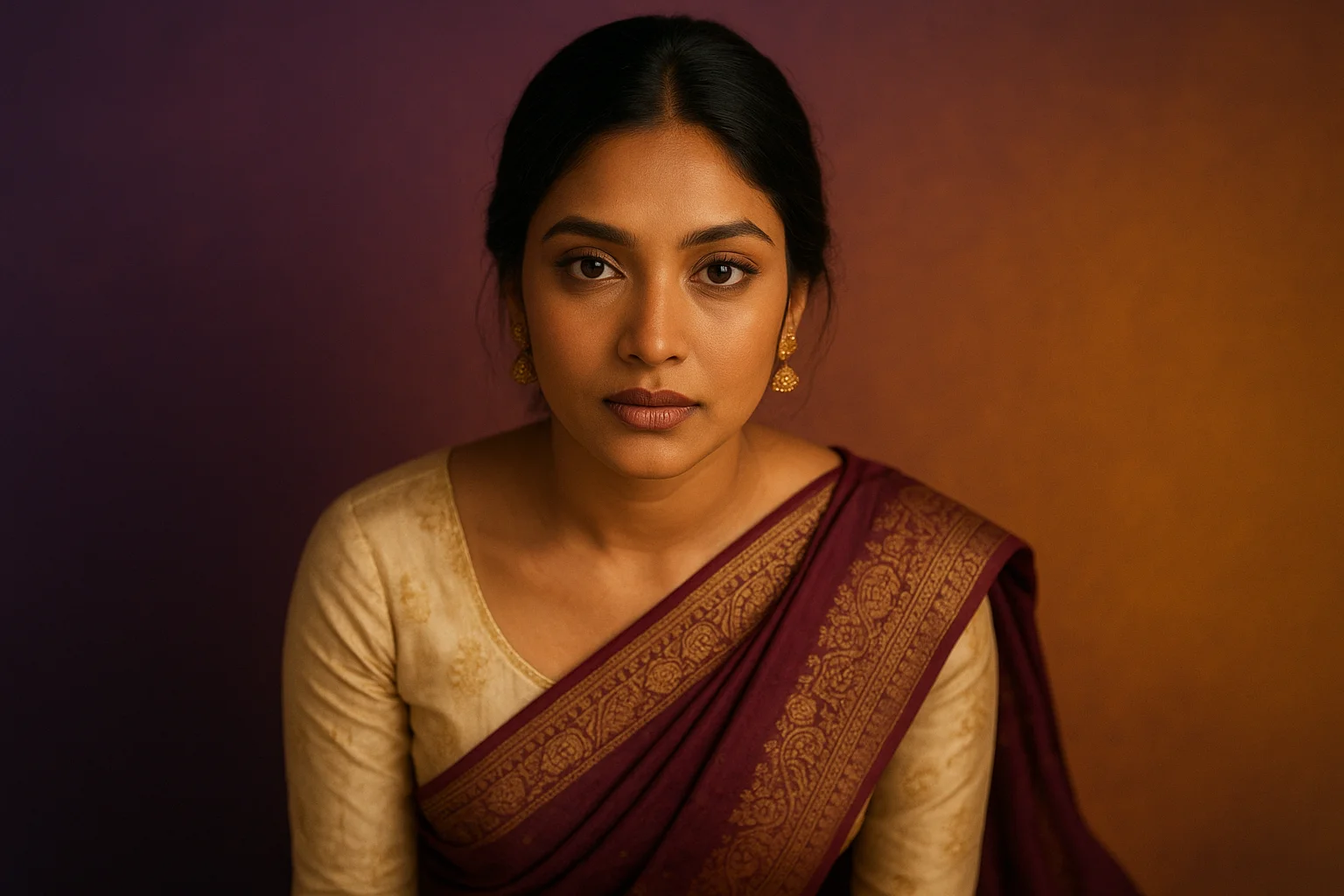 High-resolution portrait of stylish Bangladeshi woman on purple and gold gradient background