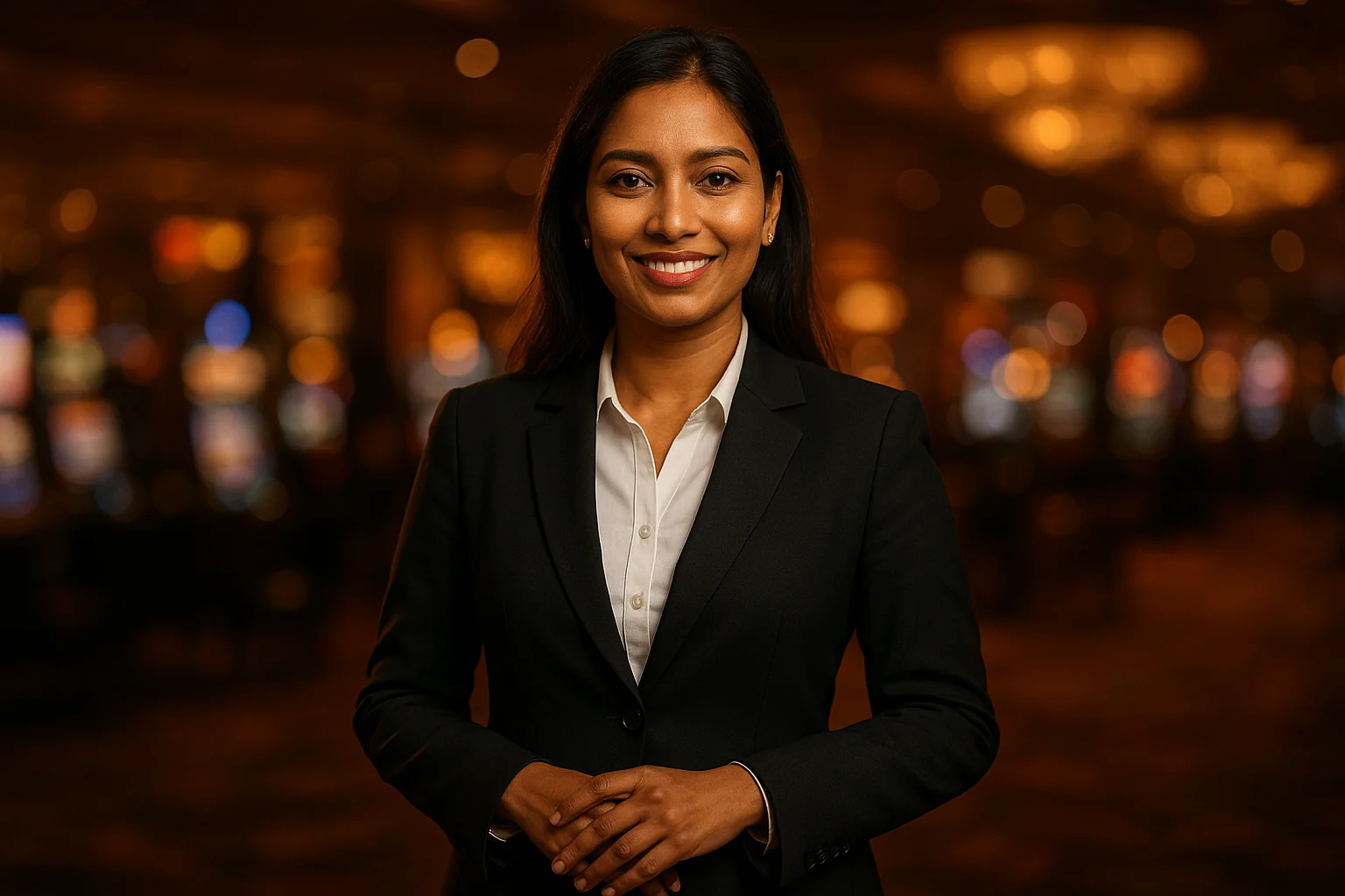 Elegant Bangladeshi businesswoman smiling in formal attire with blurred casino background