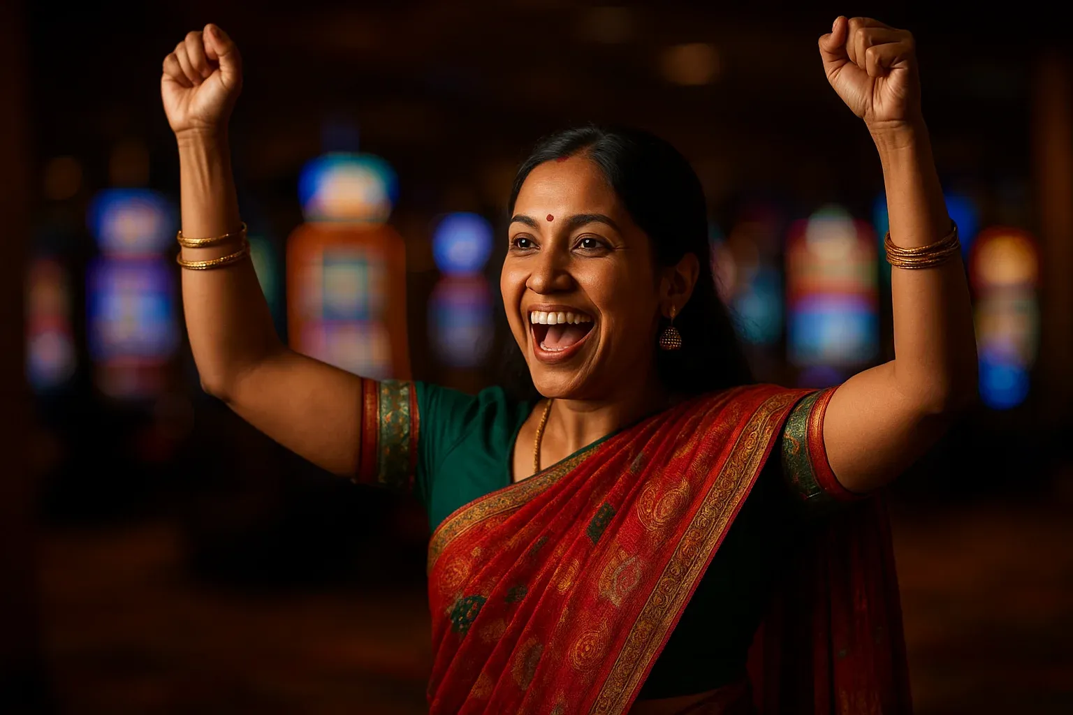 Excited Bangladeshi woman celebrating with raised arms on blurred casino slot floor
